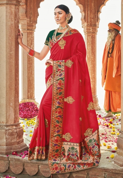 Red silk embroidered festival wear saree 1019