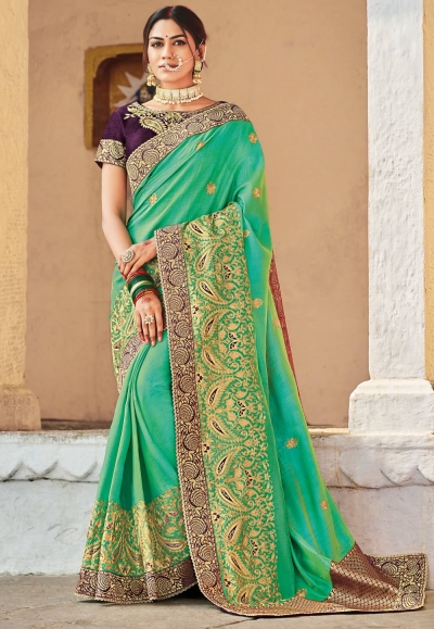 Green cotton embroidered festival wear saree 1020B