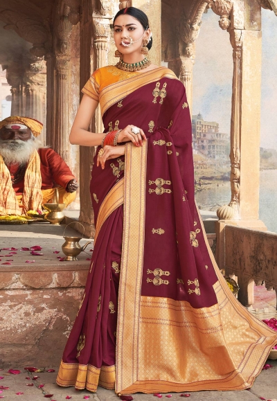 Wine cotton embroidered saree with blouse 1021A