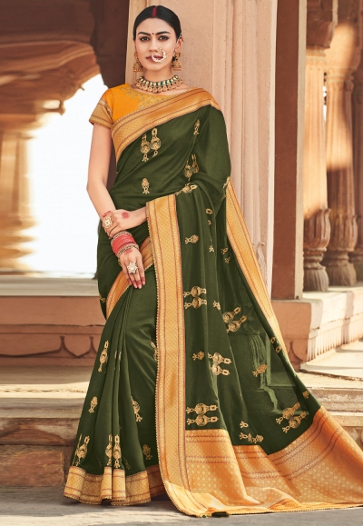 Green cotton embroidered festival wear saree 1021B