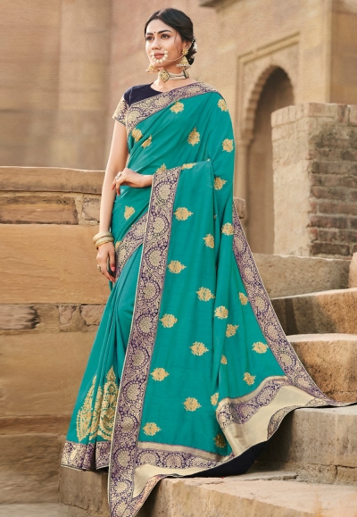Sea green cotton embroidered festival wear saree 1023A
