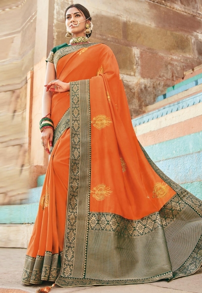 Orange cotton embroidered festival wear saree 1024A