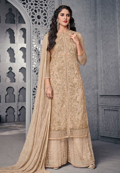 Beige net embroidered palazzo suit 1002