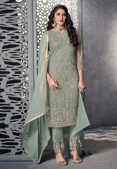Sea green net embroidered pant style suit 1007