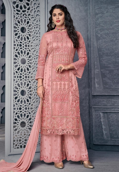 Pink net embroidered palazzo suit 1008