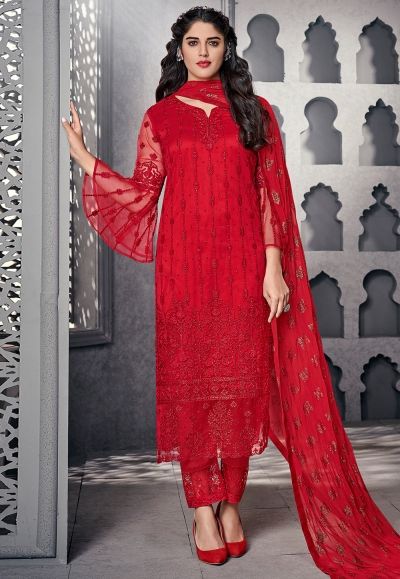 Red net embroidered frill sleeve pant style suit 1001