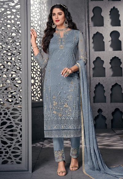 Gray net embroidered pant style suit 1003