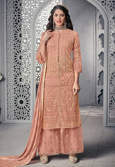 Peach net embroidered palazzo suit 1004