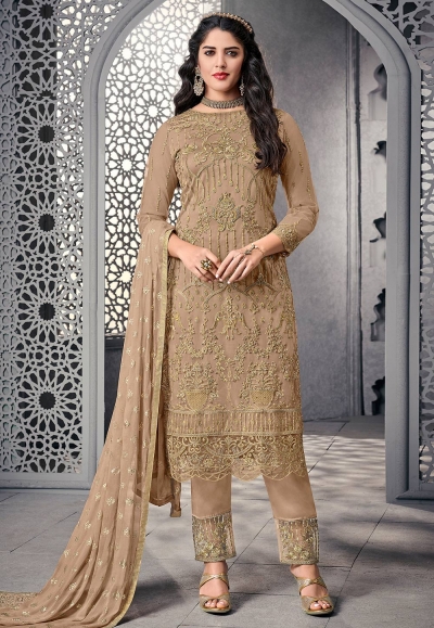 Beige net embroidered pant style suit 1006