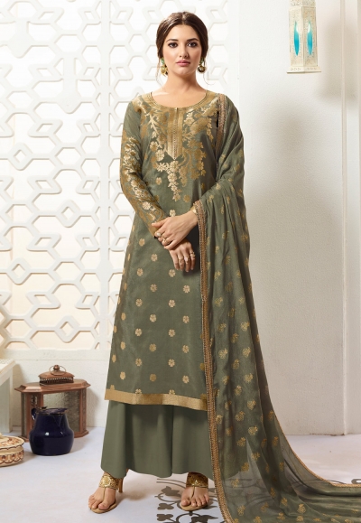 Olive green banarasi silk palazzo suit PRP5636