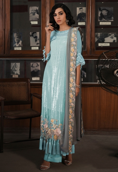 Aqua georgette palazzo suit 705Blue