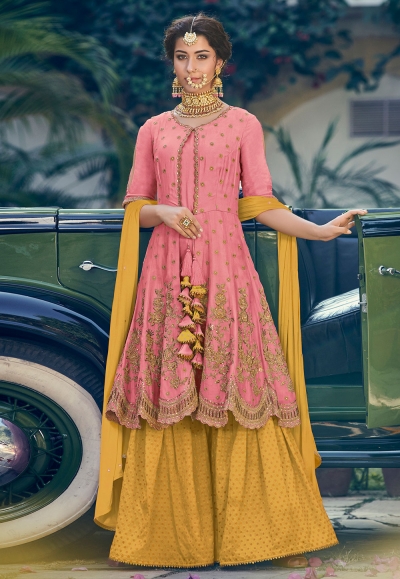 Pink georgette embroidered sharara style suit 6905B