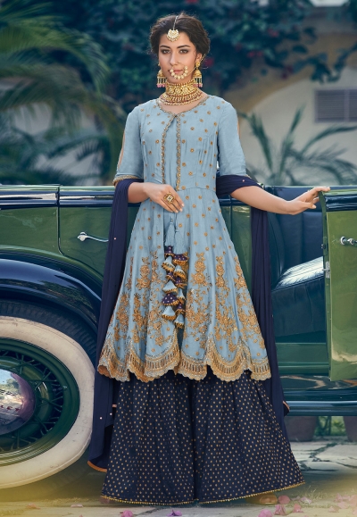 Light blue georgette embroidered sharara style suit 6905C