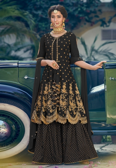 Black georgette embroidered sharara style suit 6905D