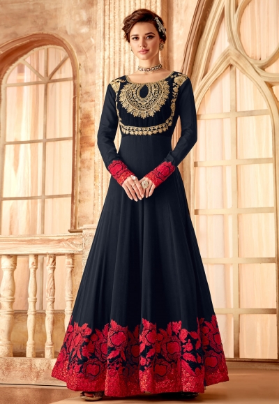 Navy blue georgette embroidered long anarkali suit 7093