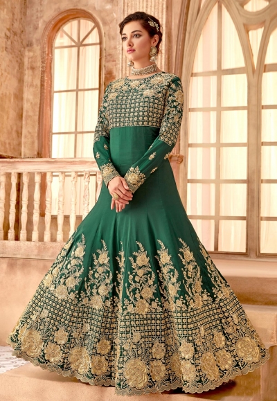 Green bemberg embroidered abaya style anarkali suit 7094