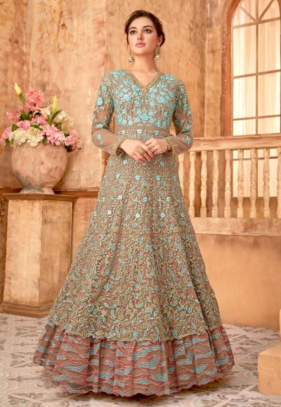 Beige net embroidered long anarkali suit 7095