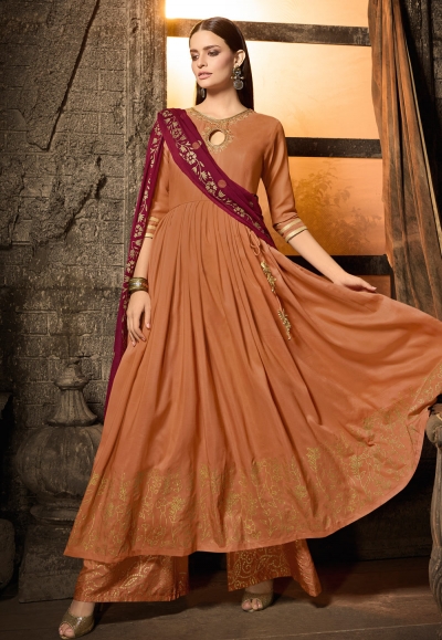 Orange muslin embroidered kameez with palazzo 7502