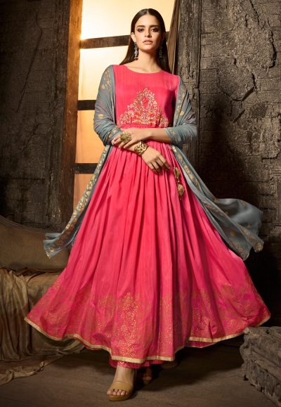 Magenta muslin embroidered kameez with palazzo 7506