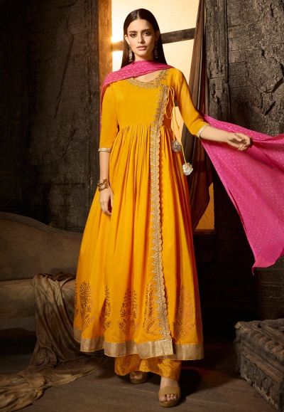 Yellow muslin embroidered kameez with palazzo 7504