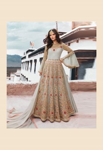 Gray net embroidered indo western lehenga choli 5402