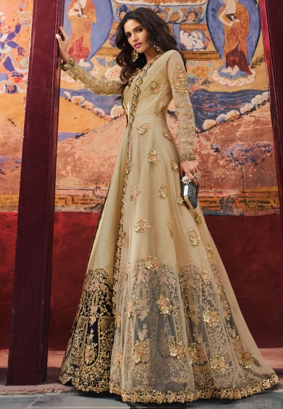 Beige silk embroidered jacket style anarkali suit 5403