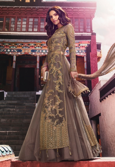 Brown net embroidered designer long choli lehenga 5408