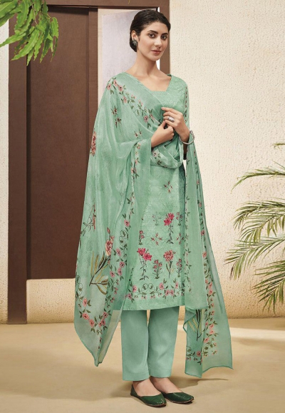 Sea green cotton kameez with pant 9108