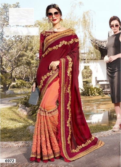 Maroon peach georgette party wear saree 6972