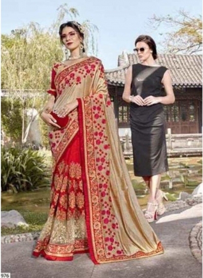 Beige red georgette party wear saree 6976