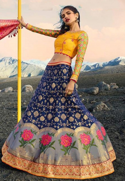 Navy blue silk embroidered circular lehenga choli 901