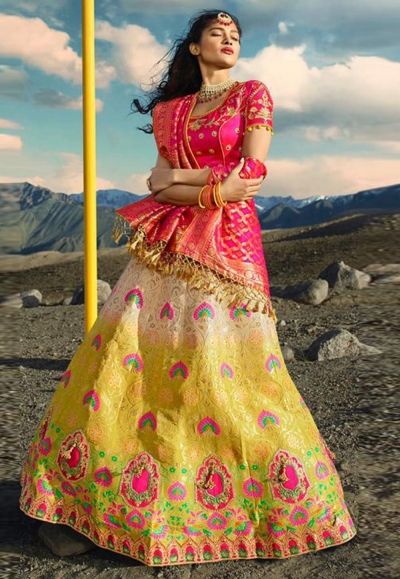 Yellow silk embroidered circular lehenga choli 903