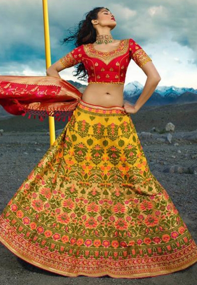 Yellow silk embroidered circular lehenga choli 905