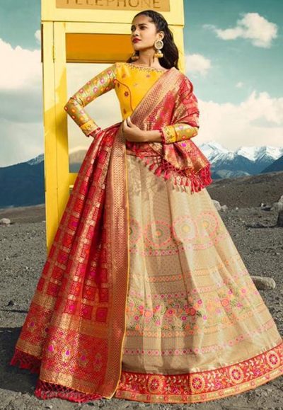 Beige silk embroidered circular lehenga choli 907