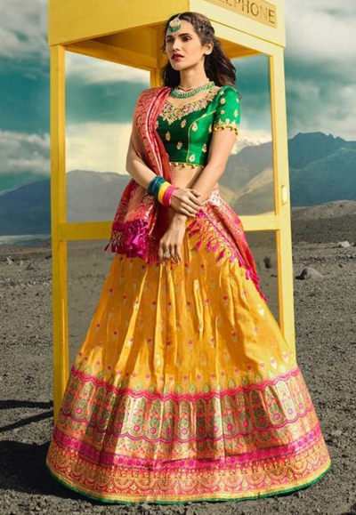 Yellow silk embroidered circular lehenga choli 909