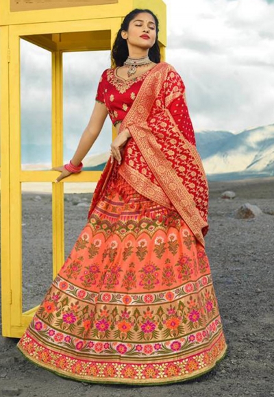 Peach silk embroidered circular lehenga choli 910