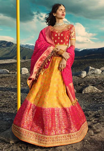 Yellow silk embroidered circular lehenga choli 911