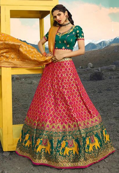 Magenta silk embroidered circular lehenga choli 912