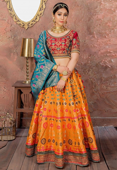 Orange banarasi silk circular lehenga choli 11151