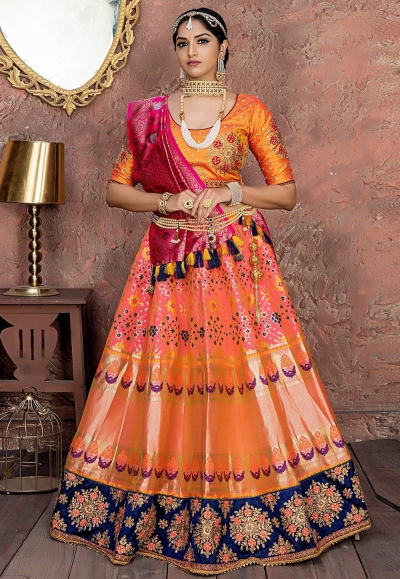 Peach banarasi silk circular lehenga choli 11153