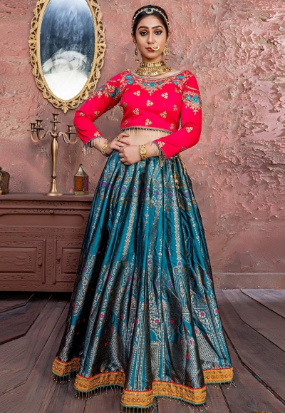 Aqua blue banarasi silk circular lehenga choli 11154