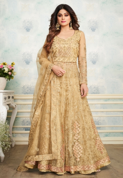 Shamita shetty beige net embroidered long choli lehenga 8250