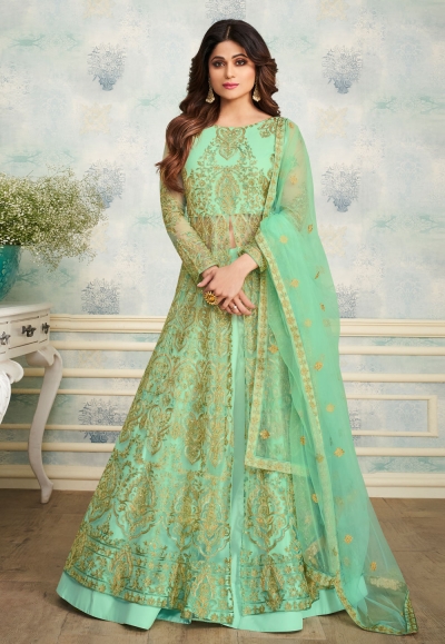 Shamita shetty light green net embroidered designer lehenga choli 8251