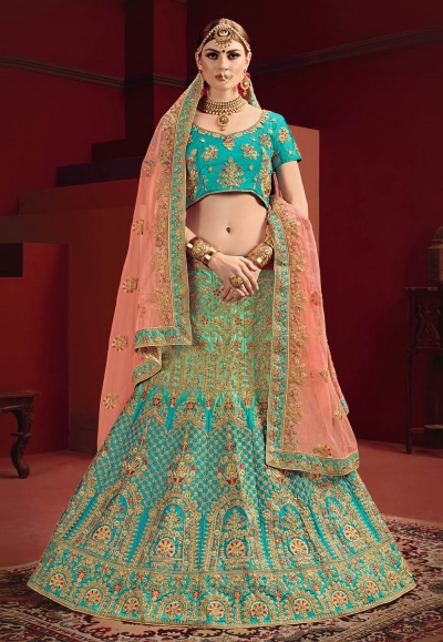 Turquoise satin embroidered circular lehenga choli 2201