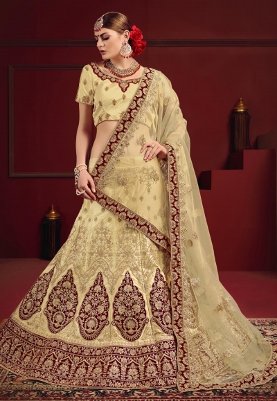 Beige satin embroidered circular lehenga choli 2202