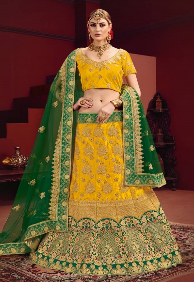 Yellow satin embroidered circular lehenga choli 2206