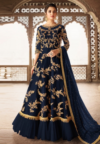 Navy blue net embroidered abaya style anarkali suit 5305B