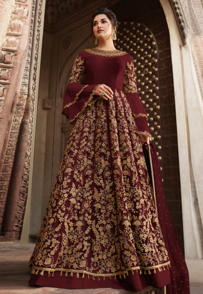 Maroon banglori silk embroidered long choli lehenga 5306A