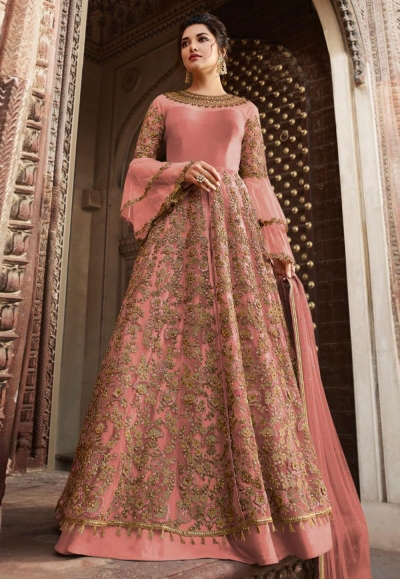 Peach banglori silk embroidered long choli lehenga 5306C