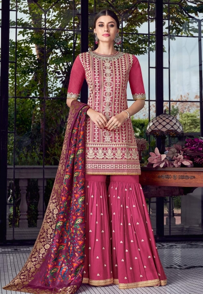 Pink silk embroidered sharara suit 8001